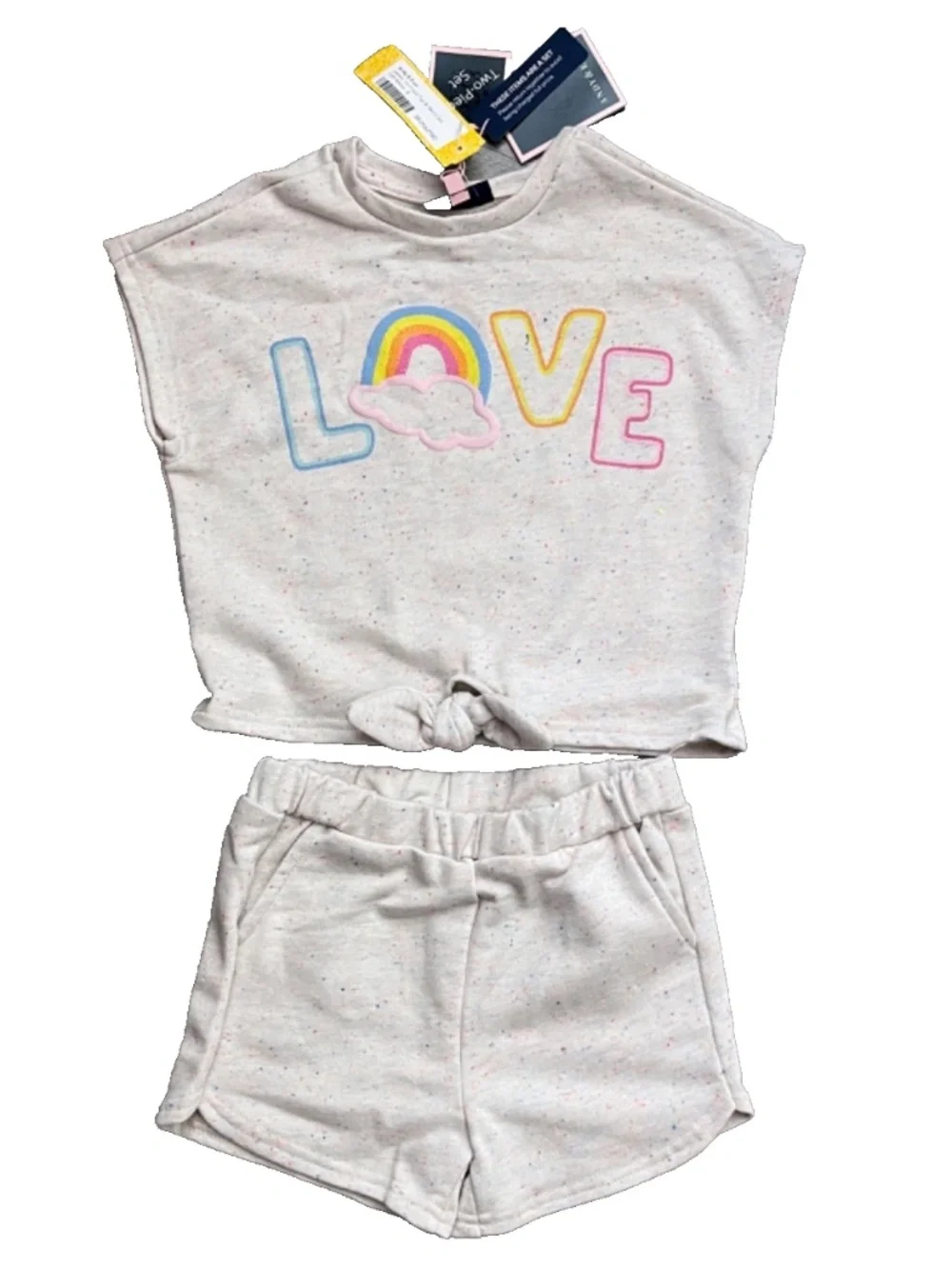 Andy & Evan Girls 2 Piece James French Terry Tie Front Top & Short Set, Love 6